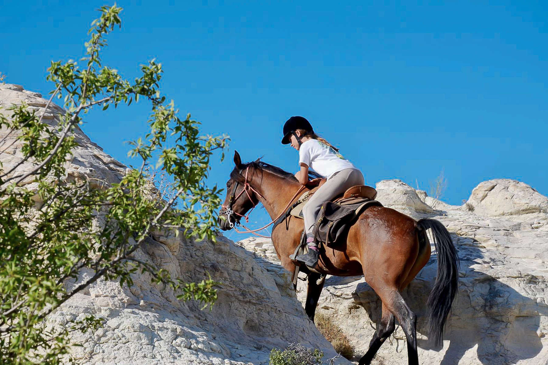 Cavalière dans les chemins étroits de la Cappadoce Cavalière en Cappadoce