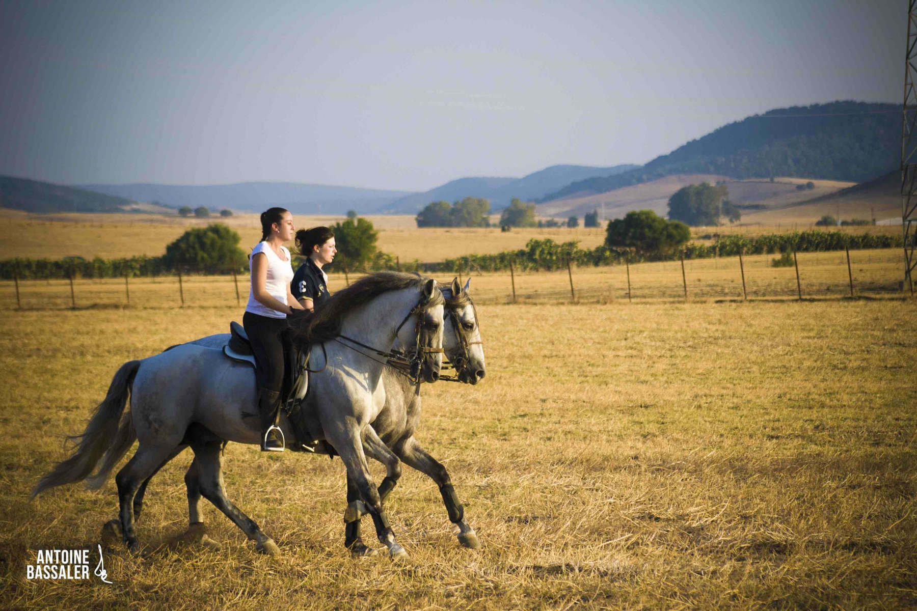 Deux cavaliers au galop dans la campagne en Espagne