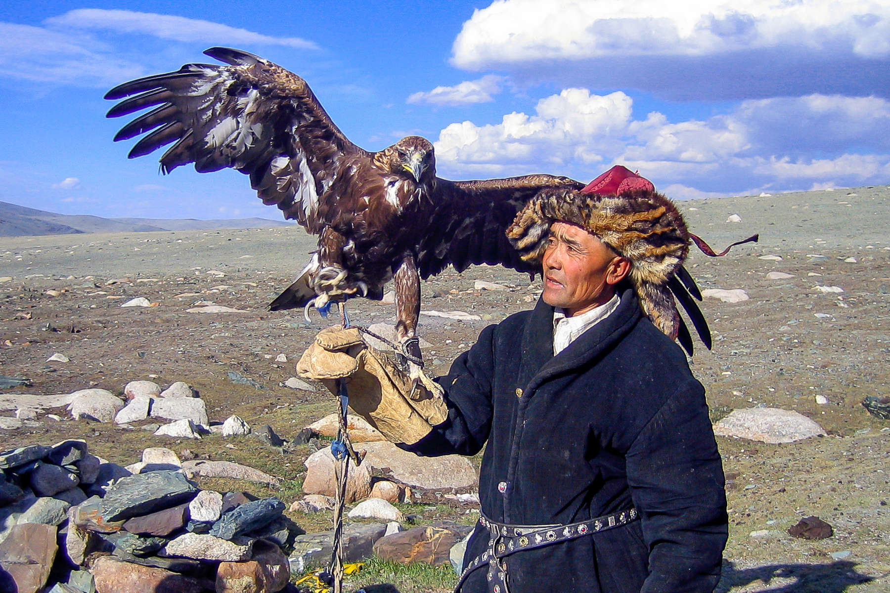 Mongol et son aigle en Mongolie